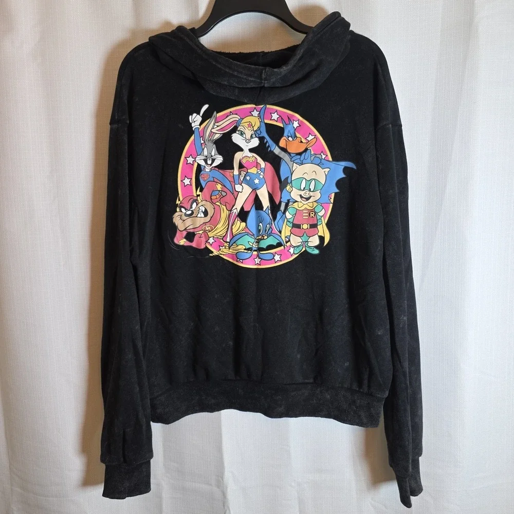 Warner Brothers Loonie Tunes Zip Up Sweatshirt Hoodie Black Wash Size L Grunge